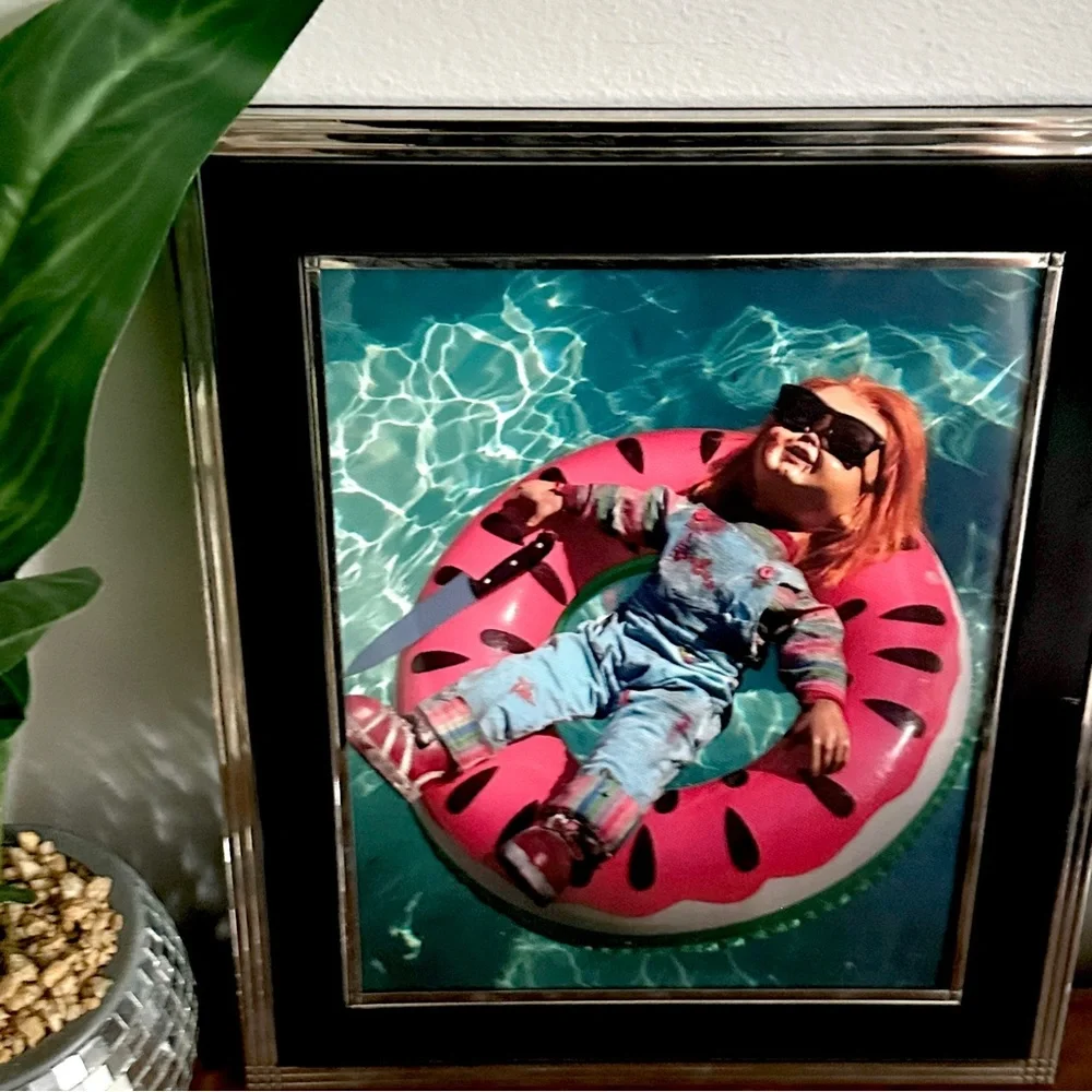 Chucky & His Knife on Pool Float Summer Fun Scary Horror Movie Print Framed Art